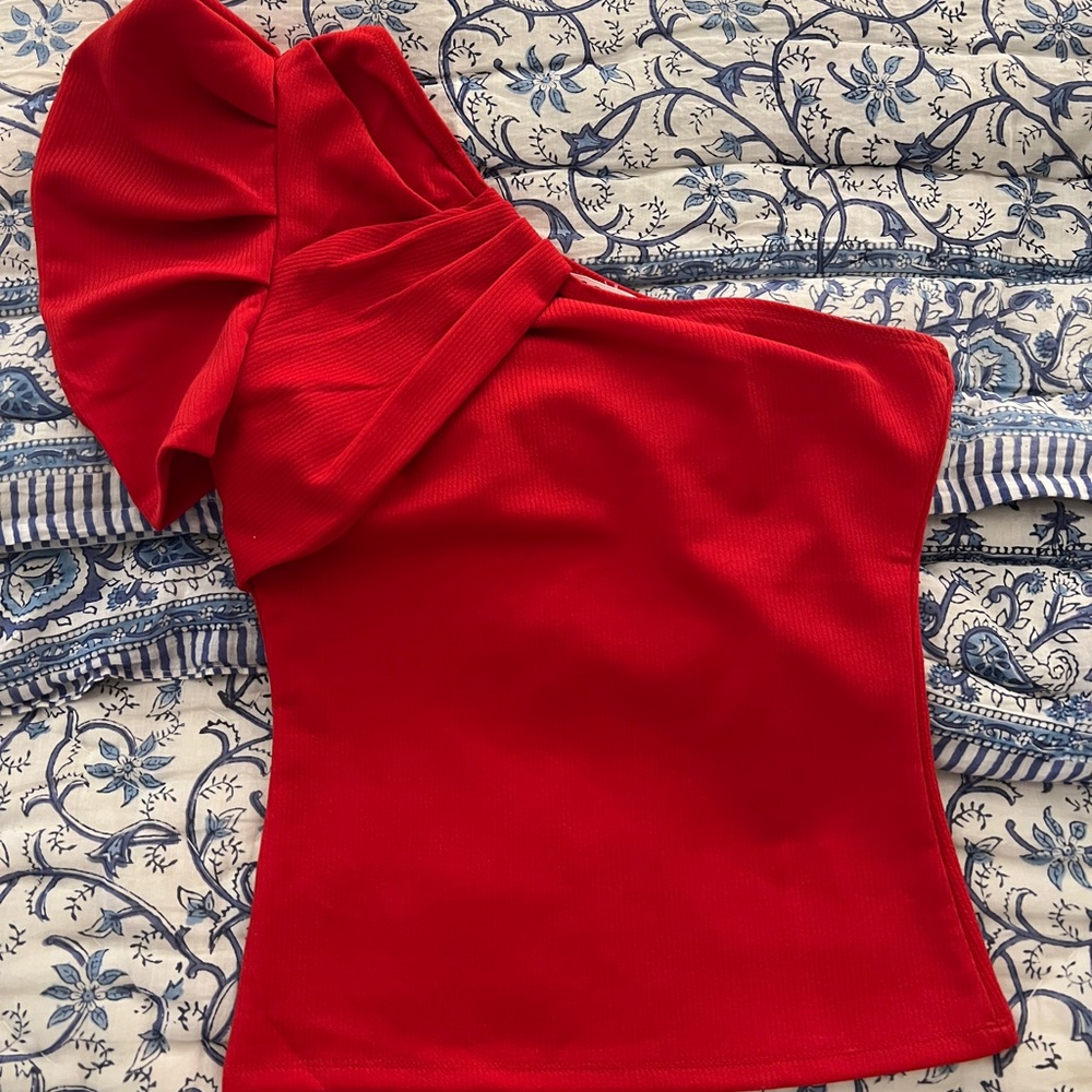 Red One Shoulder Puff Sleeve Top